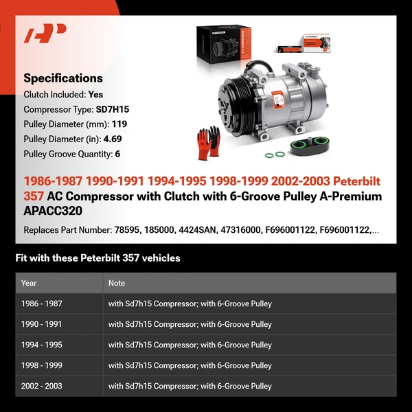 1986-1987 1990-1991 1994-1995 1998-1999 2002-2003 Peterbilt 357 AC Compressor with Clutch with 6-Groove Pulley A-Premium APACC320