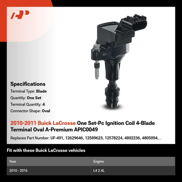 2010-2011 Buick LaCrosse One Set-Pc Ignition Coil 4-Blade Terminal Oval A-Premium APIC0049