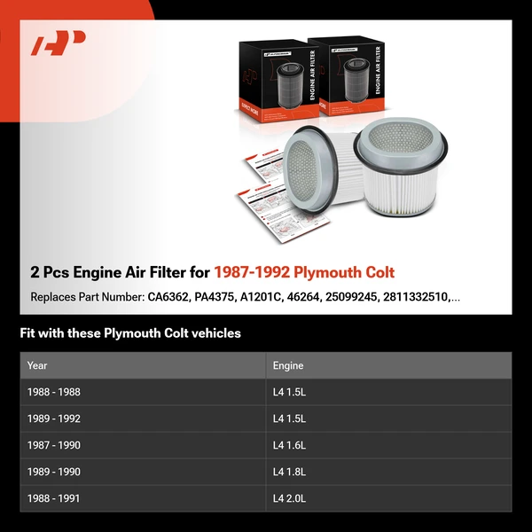 2 Pcs Engine Air Filter for 1987-1992 Plymouth Colt
