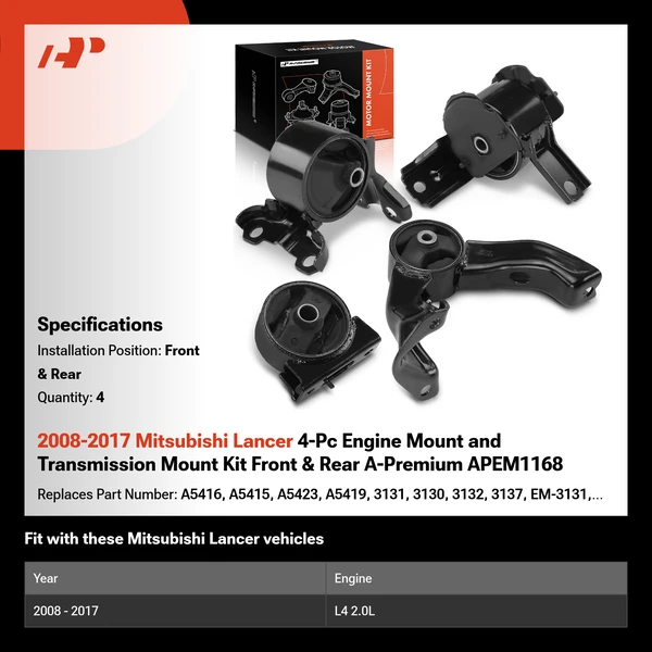 2008-2017 Mitsubishi Lancer 4-Pc Engine Mount and Transmission Mount Kit Front & Rear A-Premium APEM1168