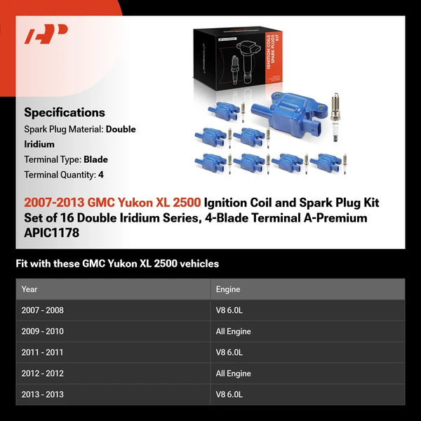 2007-2013 GMC Yukon XL 2500 Ignition Coil and Spark Plug Kit Set of 16 Double Iridium Series, 4-Blade Terminal A-Premium APIC1178