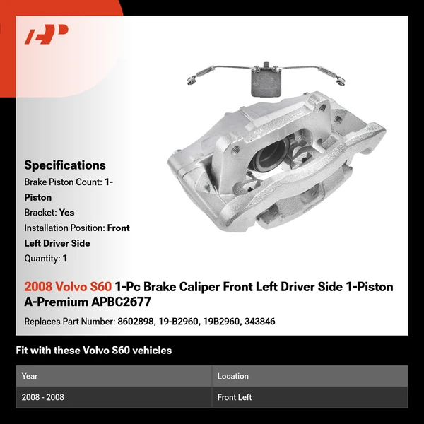 2008 Volvo S60 1-Pc Brake Caliper Front Left Driver Side 1-Piston A-Premium APBC2677