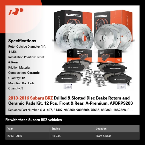 2013-2016 Subaru BRZ Drilled & Slotted Disc Brake Rotors and Ceramic Pads Kit, 12 Pcs, Front & Rear, A-Premium, APBRPS203