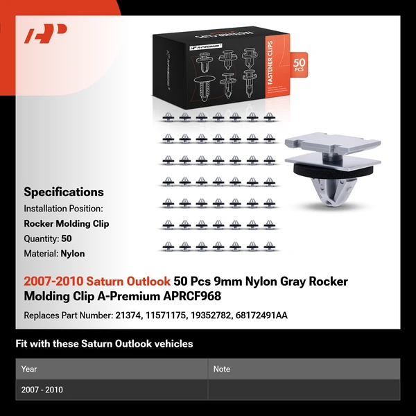 2007-2010 Saturn Outlook 50 Pcs 9mm Nylon Gray Rocker Molding Clip A-Premium APRCF968