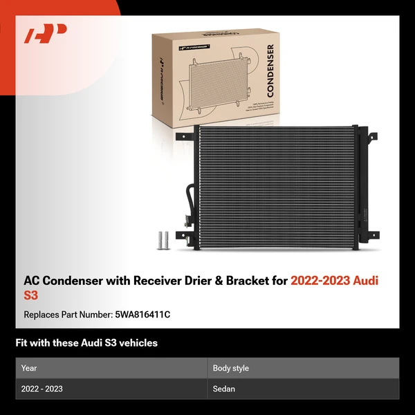 AC Condenser with Receiver Drier & Bracket for 2022-2023 Audi S3