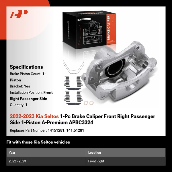 2022-2023 Kia Seltos 1-Pc Brake Caliper Front Right Passenger Side 1-Piston A-Premium APBC3324