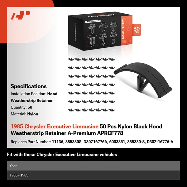 1985 Chrysler Executive Limousine 50 Pcs Nylon Black Hood Weatherstrip Retainer A-Premium APRCF778