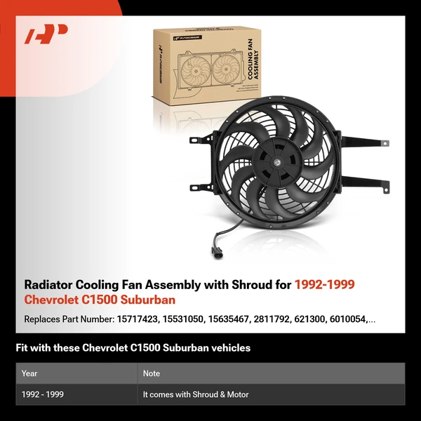 Radiator Cooling Fan Assembly with Shroud for 1992-1999 Chevrolet C1500 Suburban