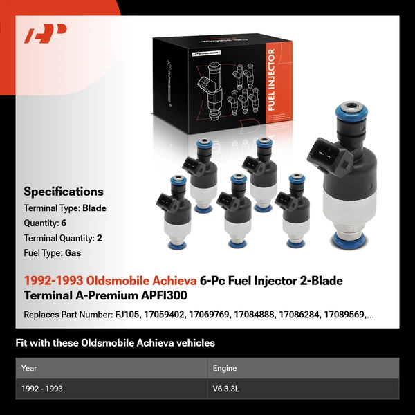 1992-1993 Oldsmobile Achieva 6-Pc Fuel Injector 2-Blade Terminal A-Premium APFI300
