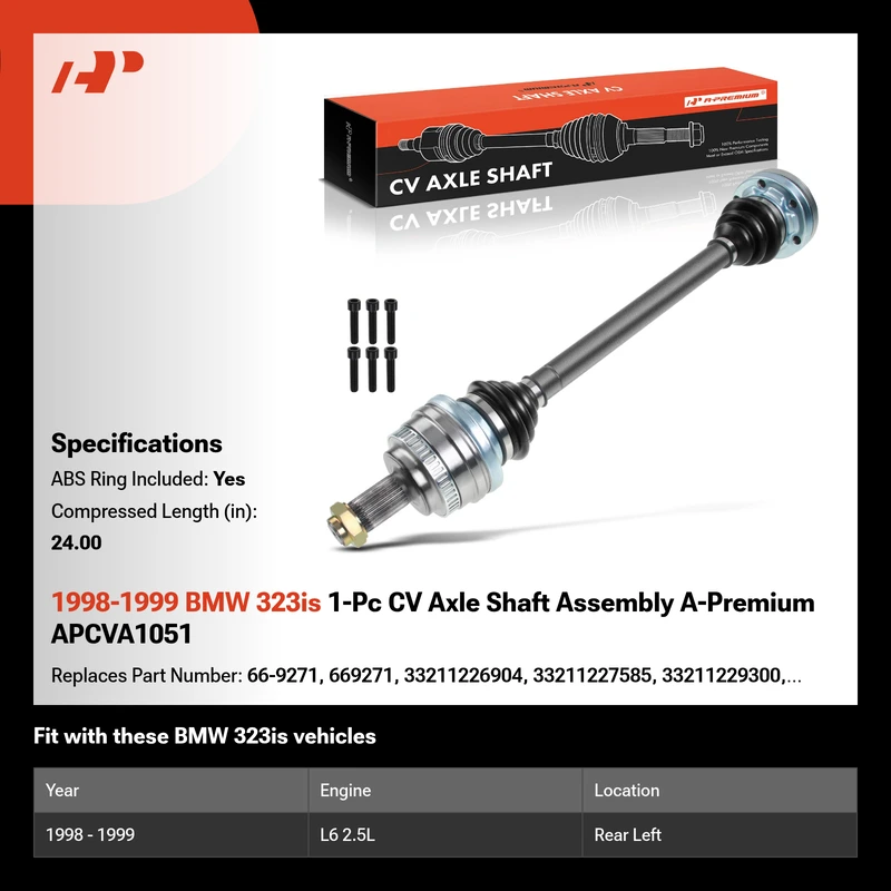 1998-1999 BMW 323is 1-Pc CV Axle Shaft Assembly A-Premium APCVA1051