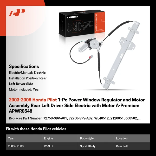 2003-2008 Honda Pilot 1-Pc Power Window Regulator and Motor Assembly Rear Left Driver Side Electric with Motor A-Premium APWR0548