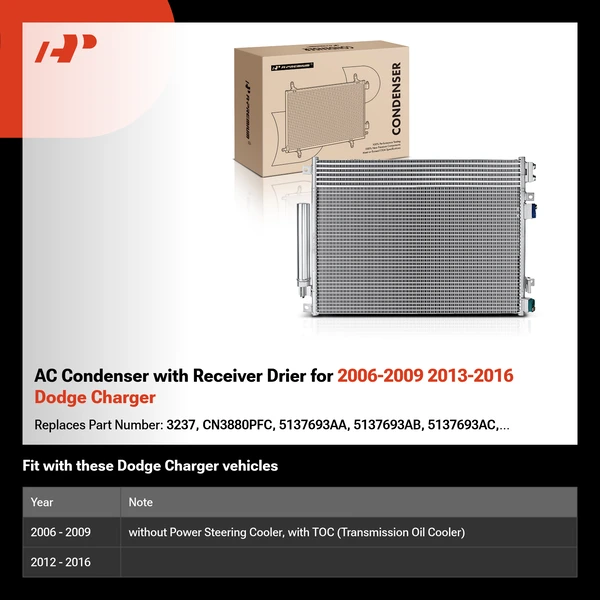 AC Condenser with Receiver Drier for 2006-2009 2013-2016 Dodge Charger