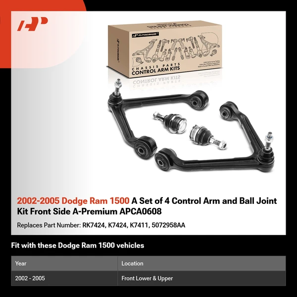 2002-2005 Dodge Ram 1500 A Set of 4 Control Arm and Ball Joint Kit Front Side A-Premium APCA0608