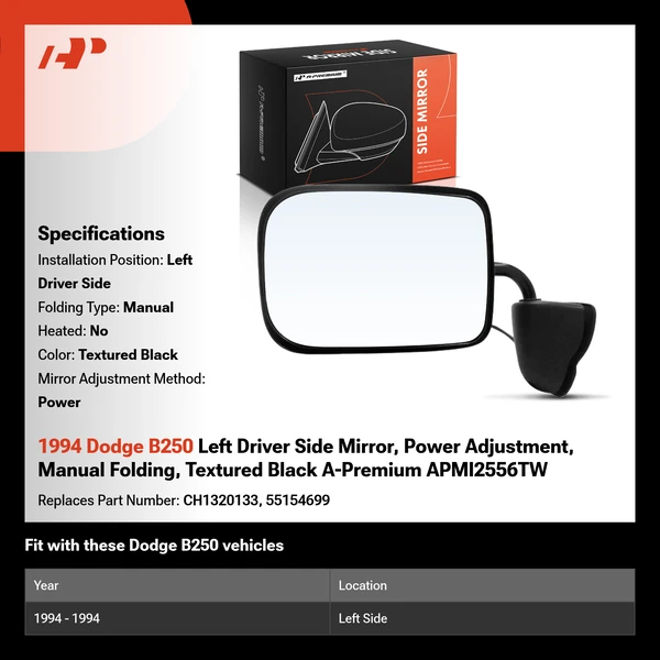 1994 Dodge B250 Left Driver Side Mirror, Power Adjustment, Manual Folding, Textured Black A-Premium APMI2556TW
