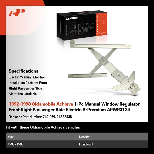 1992-1998 Oldsmobile Achieva 1-Pc Manual Window Regulator Front Right Passenger Side Electric A-Premium APWR3124