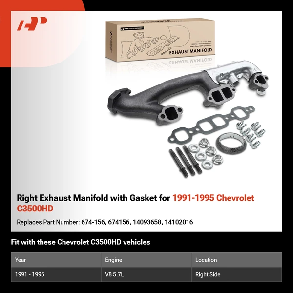 Right Exhaust Manifold with Gasket for 1991-1995 Chevrolet C3500HD