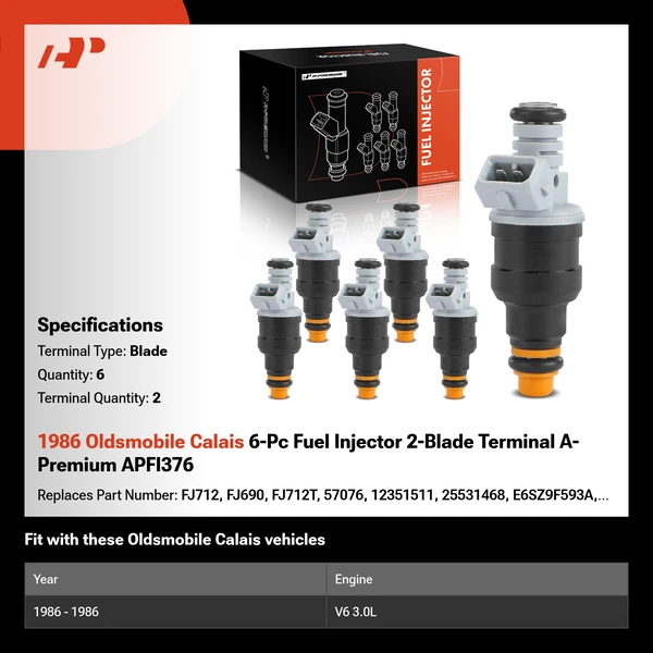 1986 Oldsmobile Calais 6-Pc Fuel Injector 2-Blade Terminal A-Premium APFI376