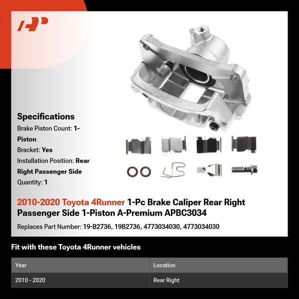 2010-2020 Toyota 4Runner 1-Pc Brake Caliper Rear Right Passenger Side 1-Piston A-Premium APBC3034