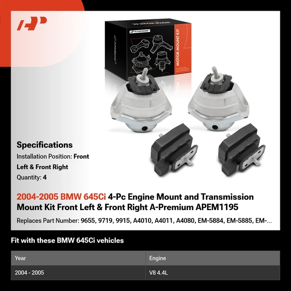 2004-2005 BMW 645Ci 4-Pc Engine Mount and Transmission Mount Kit Front Left & Front Right A-Premium APEM1195