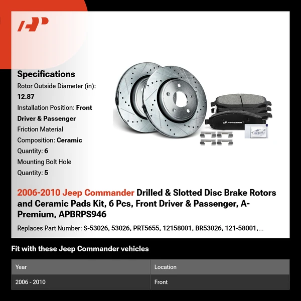 2006-2010 Jeep Commander Drilled & Slotted Disc Brake Rotors and Ceramic Pads Kit, 6 Pcs, Front Driver & Passenger, A-Premium, APBRPS946