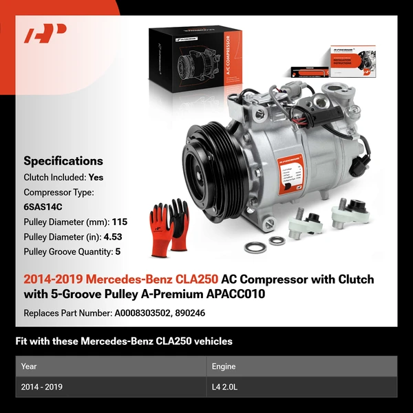 2014-2019 Mercedes-Benz CLA250 AC Compressor with Clutch with 5-Groove Pulley A-Premium APACC010