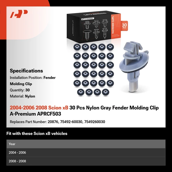 2004-2006 2008 Scion xB 30 Pcs Nylon Gray Fender Molding Clip A-Premium APRCF503
