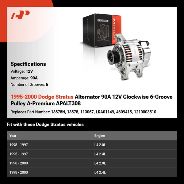 1995-2000 Dodge Stratus Alternator 90A 12V Clockwise 6-Groove Pulley A-Premium APALT308