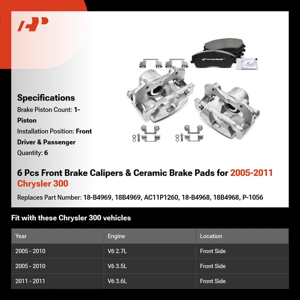 6 Pcs Front Brake Calipers & Ceramic Brake Pads for 2005-2011 Chrysler 300