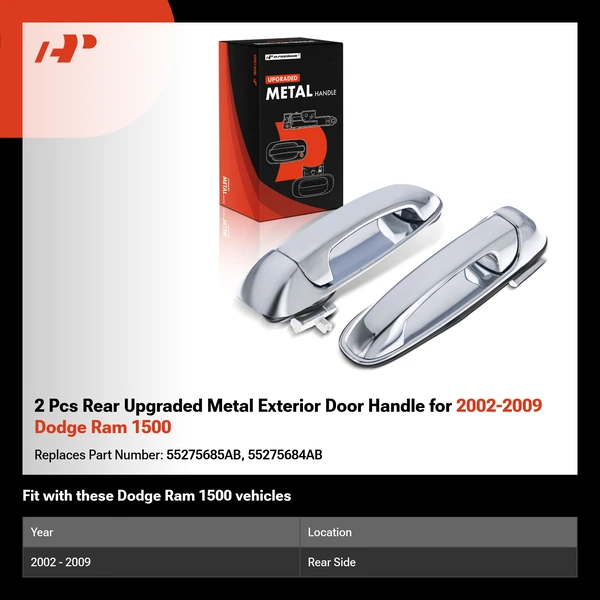 2 Pcs Rear Upgraded Metal Exterior Door Handle for 2002-2009 Dodge Ram 1500