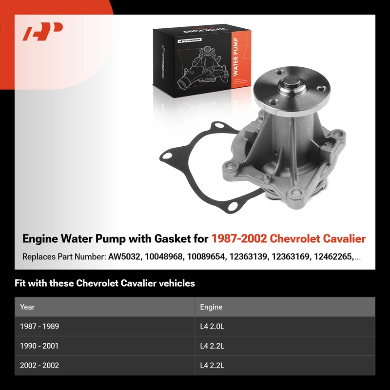 Engine Water Pump with Gasket for 1987-2002 Chevrolet Cavalier