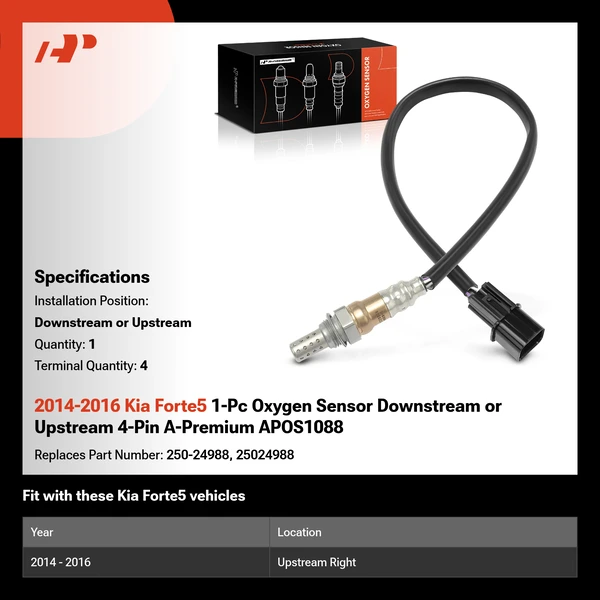 2014-2016 Kia Forte5 1-Pc Oxygen Sensor Downstream or Upstream 4-Pin A-Premium APOS1088