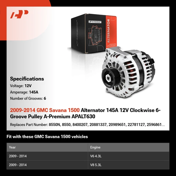 2009-2014 GMC Savana 1500 Alternator 145A 12V Clockwise 6-Groove Pulley A-Premium APALT630