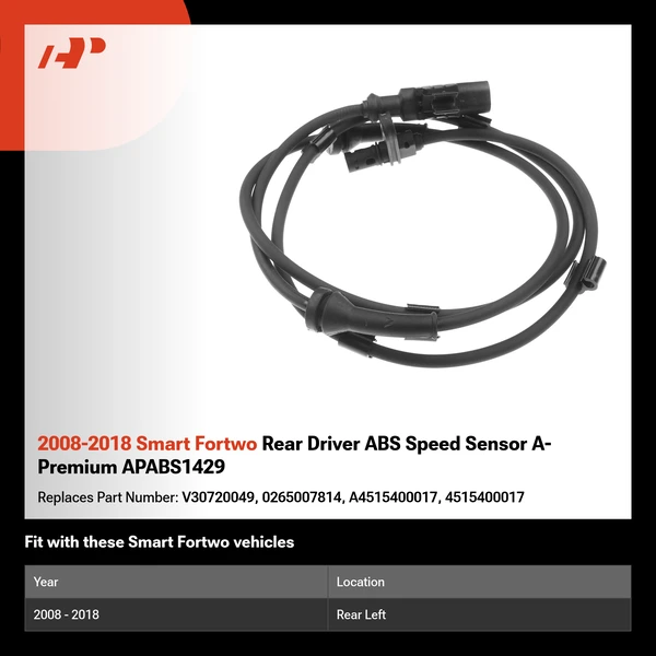 2008-2018 Smart Fortwo Rear Driver ABS Speed Sensor A-Premium APABS1429