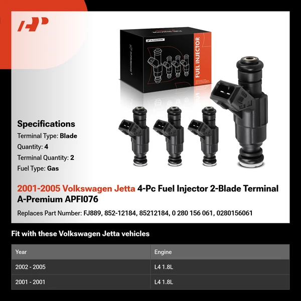 2001-2005 Volkswagen Jetta 4-Pc Fuel Injector 2-Blade Terminal A-Premium APFI076