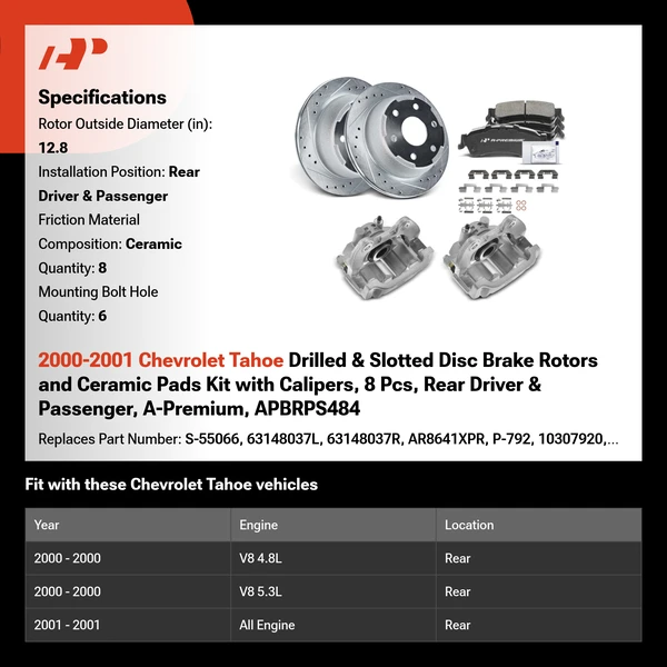 2000-2001 Chevrolet Tahoe Drilled & Slotted Disc Brake Rotors and Ceramic Pads Kit with Calipers, 8 Pcs, Rear Driver & Passenger, A-Premium, APBRPS484