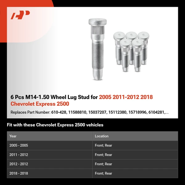 6 Pcs M14-1.50 Wheel Lug Stud for 2005 2011-2012 2018 Chevrolet Express 2500