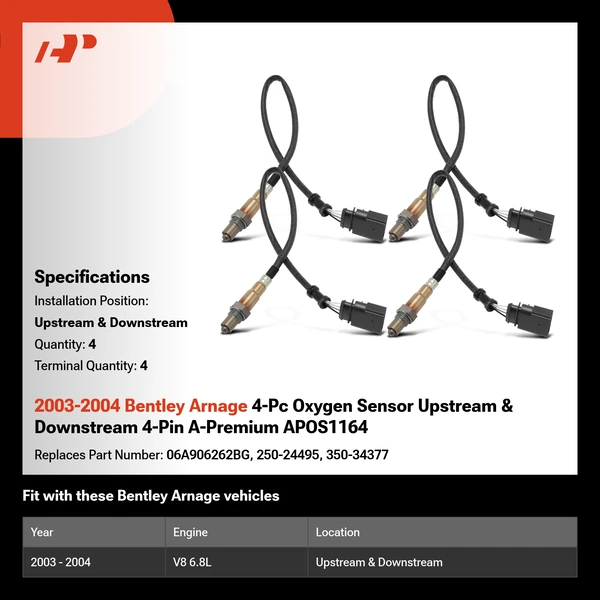 2003-2004 Bentley Arnage 4-Pc Oxygen Sensor Upstream & Downstream 4-Pin A-Premium APOS1164