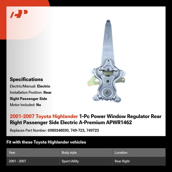 2001-2007 Toyota Highlander 1-Pc Power Window Regulator Rear Right Passenger Side Electric A-Premium APWR1462