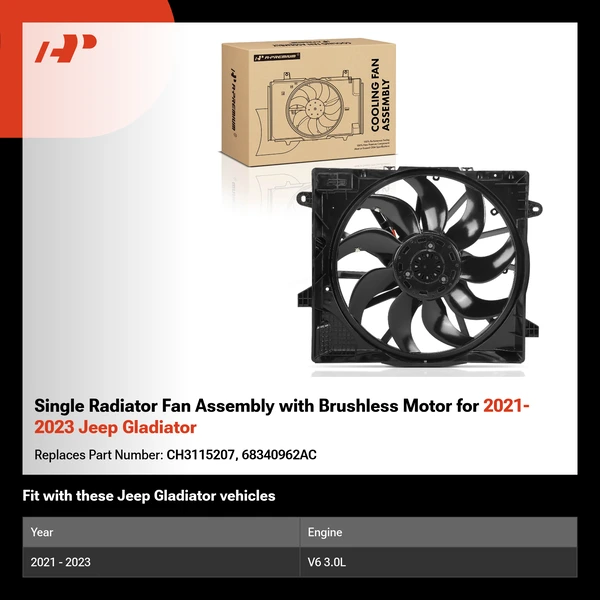 Single Radiator Fan Assembly with Brushless Motor for 2021-2023 Jeep Gladiator