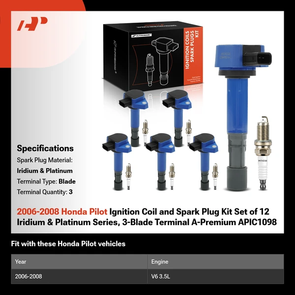 2006-2008 Honda Pilot Ignition Coil and Spark Plug Kit Set of 12 Iridium & Platinum Series, 3-Blade Terminal A-Premium APIC1098