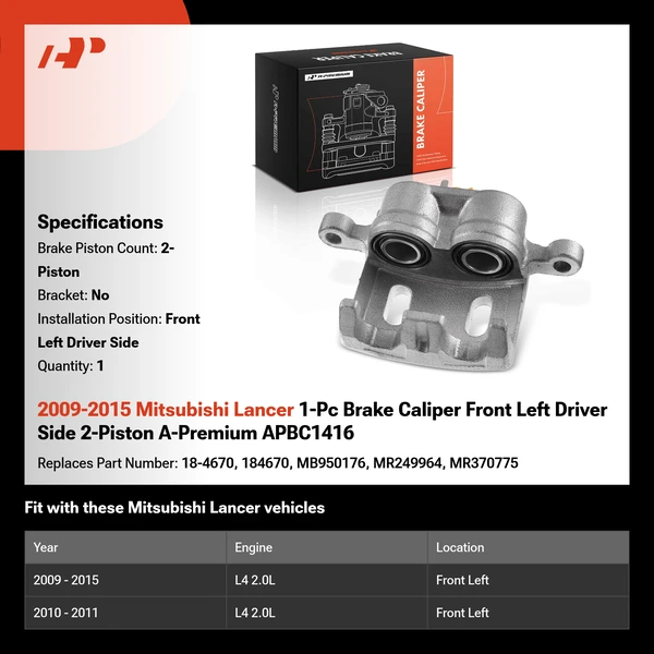 2009-2015 Mitsubishi Lancer 1-Pc Brake Caliper Front Left Driver Side 2-Piston A-Premium APBC1416