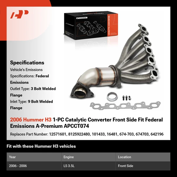 2006 Hummer H3 1-PC Catalytic Converter Front Side Fit Federal Emissions A-Premium APCCT074