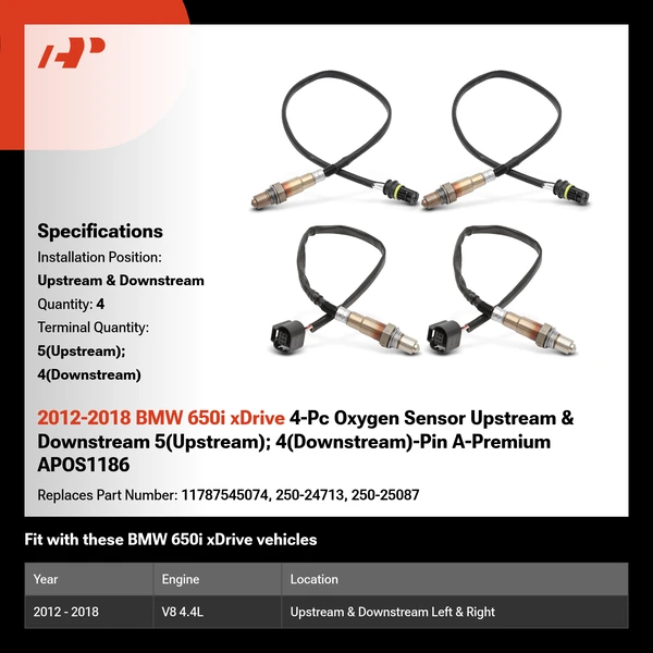 2012-2018 BMW 650i xDrive 4-Pc Oxygen Sensor Upstream & Downstream 5(Upstream); 4(Downstream)-Pin A-Premium APOS1186