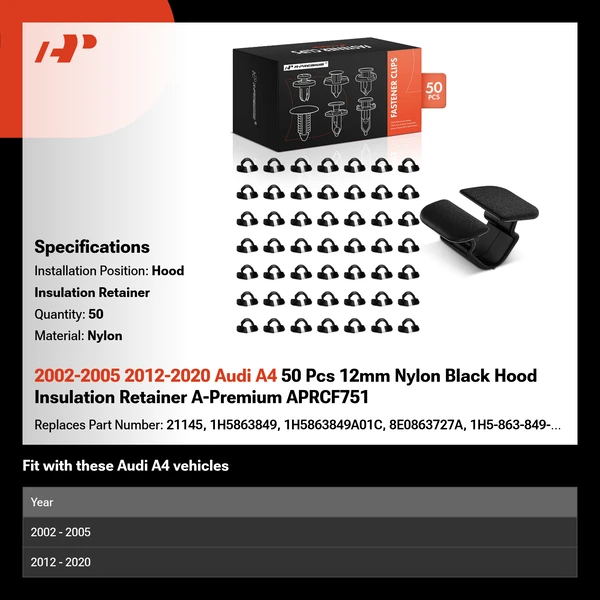 2002-2005 2012-2020 Audi A4 50 Pcs 12mm Nylon Black Hood Insulation Retainer A-Premium APRCF751