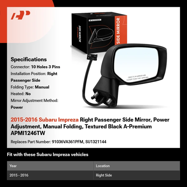 2015-2016 Subaru Impreza Right Passenger Side Mirror, Power Adjustment, Manual Folding, Textured Black A-Premium APMI1246TW