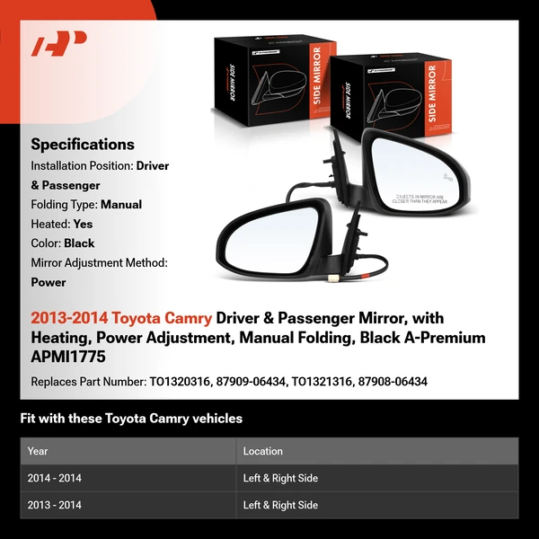 2013-2014 Toyota Camry Driver & Passenger Mirror, with Heating, Power Adjustment, Manual Folding, Black A-Premium APMI1775