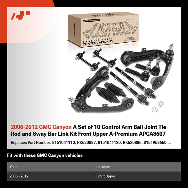 2006-2012 GMC Canyon A Set of 10 Control Arm Ball Joint Tie Rod and Sway Bar Link Kit Front Upper A-Premium APCA3607