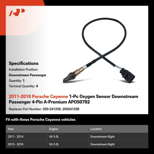 2011-2018 Porsche Cayenne 1-Pc Oxygen Sensor Downstream Passenger 4-Pin A-Premium APOS0782