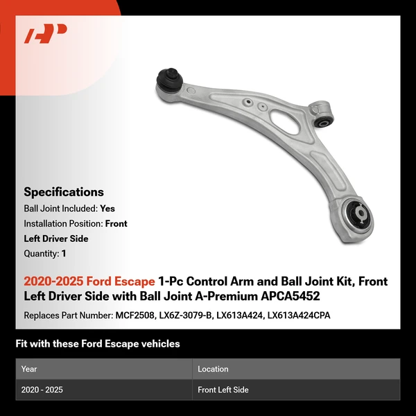 2020-2025 Ford Escape 1-Pc Control Arm and Ball Joint Kit, Front Left Driver Side with Ball Joint A-Premium APCA5452