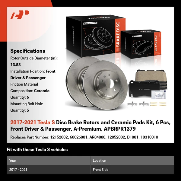2017-2021 Tesla S Disc Brake Rotors and Ceramic Pads Kit, 6 Pcs, Front Driver & Passenger, A-Premium, APBRPR1379